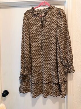 Light Brown Patterned Ruffle Tunic Top